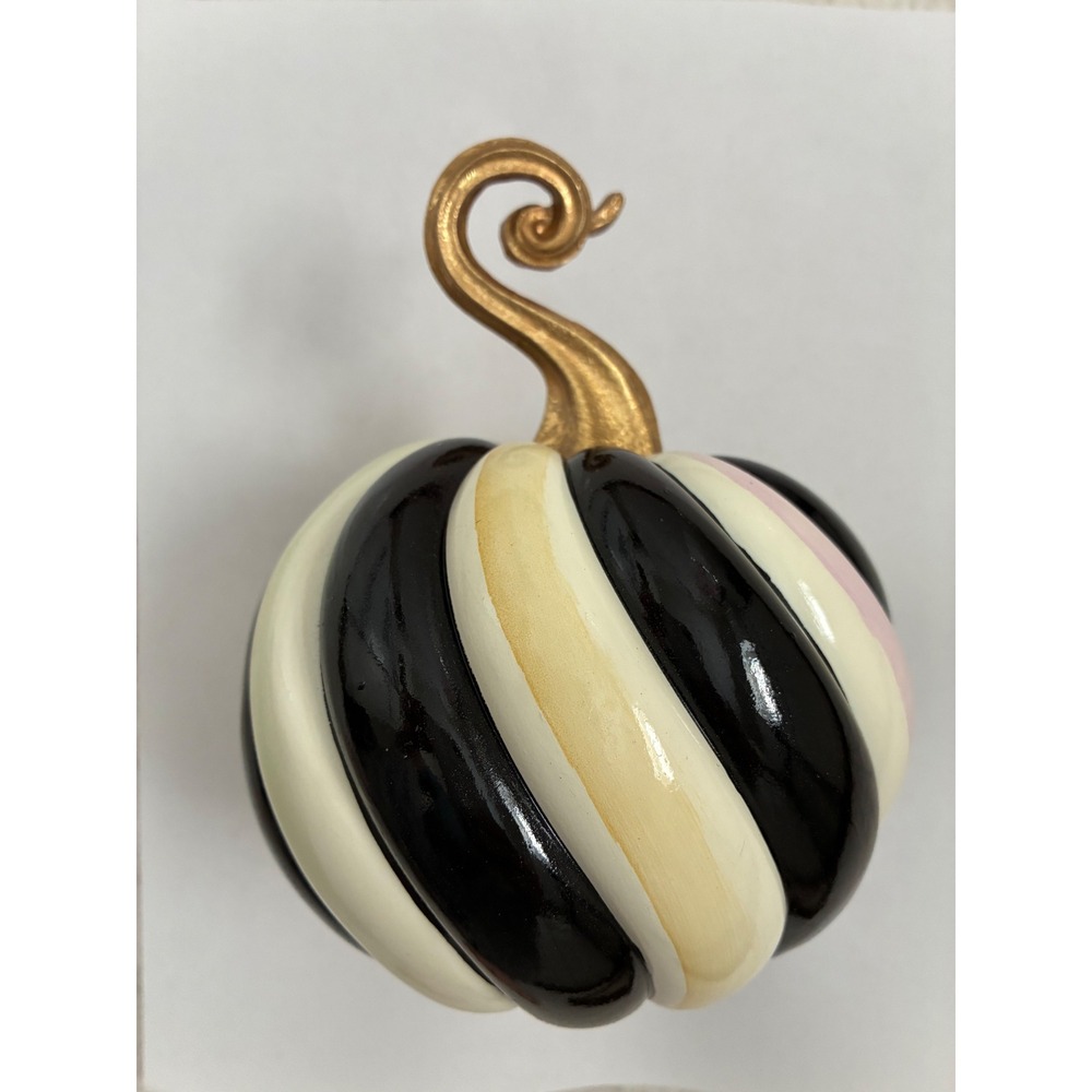 MacKenzie-Childs Black White Striped Pumpkin Gold Stem Resin Decor 5 Inch
